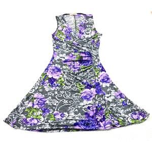 SABA Dress Womens Small Purple Black Floral Aline Flared Hem Sleeveless V Neck